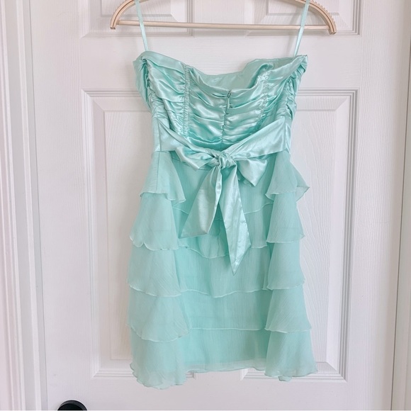 Mint Green Satin Layered Ruffle Chiffon Strapless Party Mini Dress - Picture 8 of 14